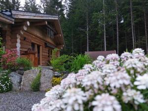 una cabaña de madera con flores delante en Apart Lechtraum, en Stanzach