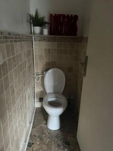 a bathroom with a toilet in a tiled stall at Bas de villa avec grande piscine in Marseille +1 photo