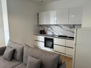 NilvangeにあるAppartement III - Haut Standing Proche Luxembourg & Cattenomのソファとキッチンのあるリビングルーム