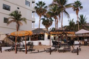 圣何塞德尔卡沃RUSTICO LOUNGE-Property in front of the beach的海滩上设有椅子和遮阳伞,棕榈树