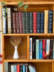 a book shelf filled with books and a vase at Venus Rooms in Katelios