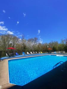 une grande piscine avec des chaises et des tables dans l'établissement Adventures East Cottages and Campground, à Baddeck Inlet