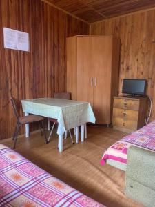 姆熱日諾的住宿－DOMKI SZUMI LAS，一间设有桌子、橱柜和电视的客房