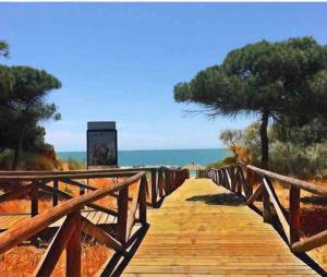 a wooden boardwalk leading to the ocean on a beach at Viento Grande, Apartamento boutique en la playa in Rota