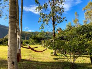 una hamaca en un campo entre dos árboles en Cozy Log Cabin-Ojo de Agua-Villa de Leyva-WIFI, en Villa de Leyva