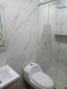 a bathroom with a toilet and a glass shower at Rossy House in Baños
