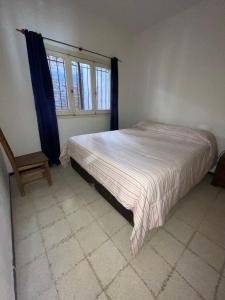 サン・ラファエルにあるCabañas El Rosal departamentoのベッドルーム1室(ベッド1台、椅子、窓付)