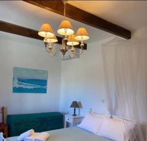 a bedroom with a bed and a chandelier at Haroupia in Elafonisi