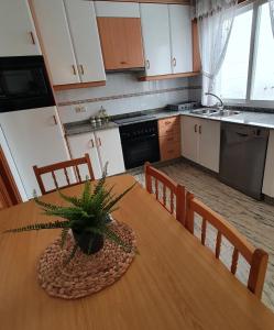 uma cozinha com uma mesa com uma planta em Piso céntrico en O Grove em O Grove