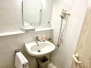 a white bathroom with a sink and a mirror at Hotel Garni Am Schäfersberg in Niedernhausen