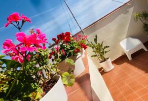 d'un balcon orné de fleurs roses et de plantes. dans l'établissement Lavica Di Mezzo Apartments, à Catane