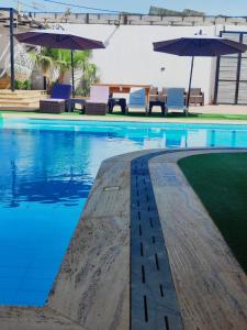 a swimming pool with chairs and umbrellas next to it at Tala DeadSea Villa in Sowayma