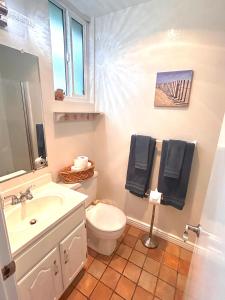 a bathroom with a white toilet and a sink at Oceanview Retreat - Steps to the Beach, Heated Pool, walk everywhere in Oceanside