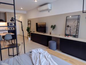 a living room with a bed and a desk with a tv at Monoambiente ACACIAS II in Cipolletti