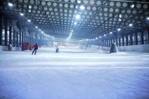 a room with people skiing in a building with lights at Maison calme proche de la cité des loisirs in Amnéville
