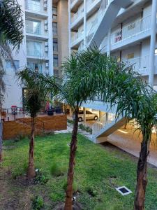 dos palmeras delante de un edificio en La Morada Rentals Apartments en Belén de Escobar