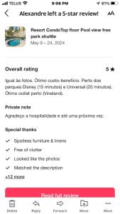 una schermata di un cellulare con una lista di attrazioni di Resort Hotel Condo near Disney parks - Free parks shuttle a Orlando