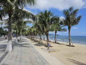 a row of palm trees on a beach with the ocean at Scenia Bay Residence Nha Trang in Nha Trang