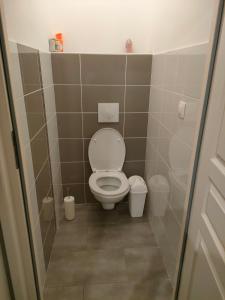 Baño pequeño con aseo y 2 cubos de basura en Chambre cosy, en Viry-Noureuil