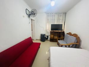 Mini depa de una habitación في بوكالبا: غرفة معيشة مع أريكة حمراء وتلفزيون