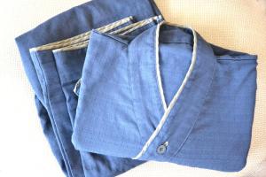 a close up of a blue denim shirt at Hotel Pescatore Okinawa in Naha