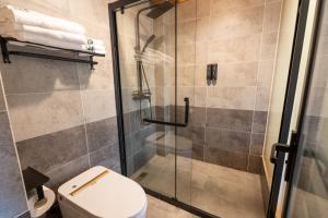 麦田间民宿Terrace View Hotel في لونغشينغ: حمام مع دش زجاجي مع مرحاض