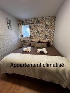 Les Gîtes de la Bergerie - Boule de Neige في ميكسيميو: غرفة نوم مع سرير كبير مع تلافي