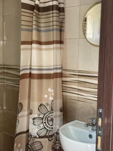 a bathroom with a sink and a shower curtain at Studio apartmani Anastasija in Žabljak