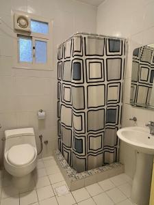 y baño con aseo y cortina de ducha. en اجنحة مجمع القوافل الفندقيه en Tabuk