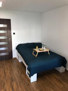 a bedroom with a bed with a table on it at Pokoje nad jeziorem Dobskim półwysep Fuleda in Fuleda