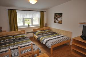 um quarto com 2 camas, uma televisão e uma janela em Studio Apartments Lipno 22, 24 em Lipno nad Vltavou