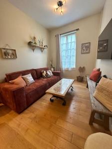 un salon avec un canapé marron et une table dans l'établissement Appart familial hyper centre Troyes, à Troyes