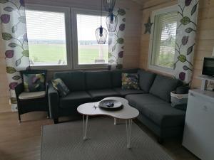 a living room with a couch and a table at Viihtyisä saunamökki päärakennuksen takana, oma rauha in Nivala