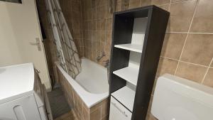 a bathroom with a bath tub and a sink and a toilet at sunny City Apartment in Villingen-Schwenningen