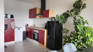 a kitchen with red cabinets and a black refrigerator at sunny City Apartment in Villingen-Schwenningen