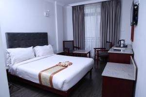 亞的斯亞貝巴的住宿－奇尼迪酒店，酒店客房带一张床、一张桌子和椅子