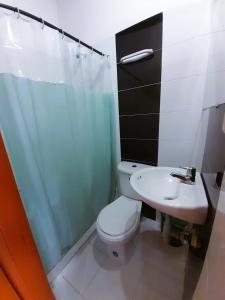 APARTAHOTEL BACANO LOFT في سانتا مارتا: حمام به مرحاض أبيض ومغسلة