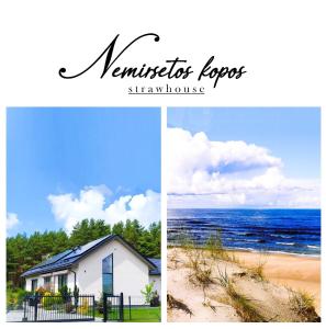 un collage de dos fotos de una playa y una casa en Nemirsetos kopos, en Palanga