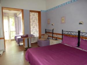 維亞雷焦的住宿－摩根娜別墅酒店，一间带紫色床的卧室和一间客厅