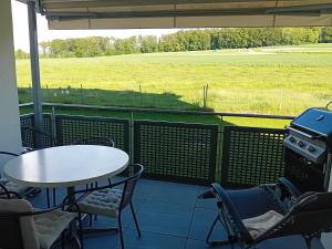 a patio with a table and chairs and a field at Magnifique appartement tranquille in Cordast
