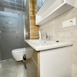 a bathroom with a sink and a toilet at Ayyıldız Pansiyon Apart in Degirmen