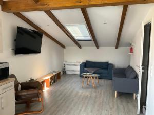 ein Wohnzimmer mit 2 blauen Stühlen und einem Flachbild-TV in der Unterkunft Torsten´s Home in Wunstorf