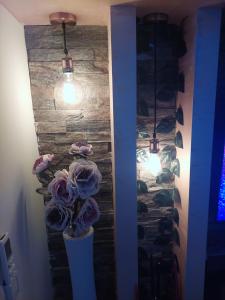 un jarrón con flores en una pared con luces en Apartman Star LUX, en Kula