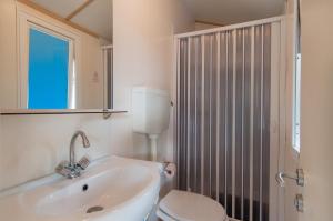 bagno con lavandino, servizi igienici e specchio di EurCamping Roseto Concept Glamping a Roseto degli Abruzzi