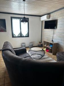 a living room with a leather couch and a table at LA Dryade 6 in Monnet-la-Ville