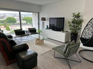 a living room with a flat screen tv and furniture at PMDOUROVALLEY in Peso da Régua