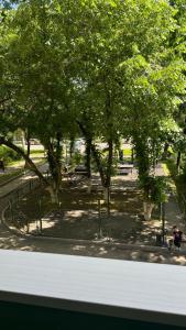 a group of trees in a park with a person sitting on a bench at Evergreen Apart in Almaty