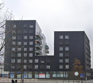 a tall black building with people standing in front of it at Saint-Denis Park in Saint-Denis