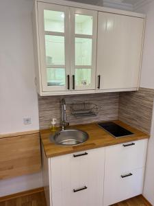 uma cozinha branca com um lavatório e 2 janelas em Studio Lorena em Mali Lošinj
