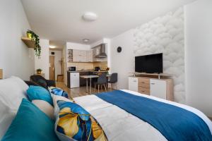 um quarto com uma cama e uma sala de estar em Studio with FREE GARAGE & AC em Budapeste